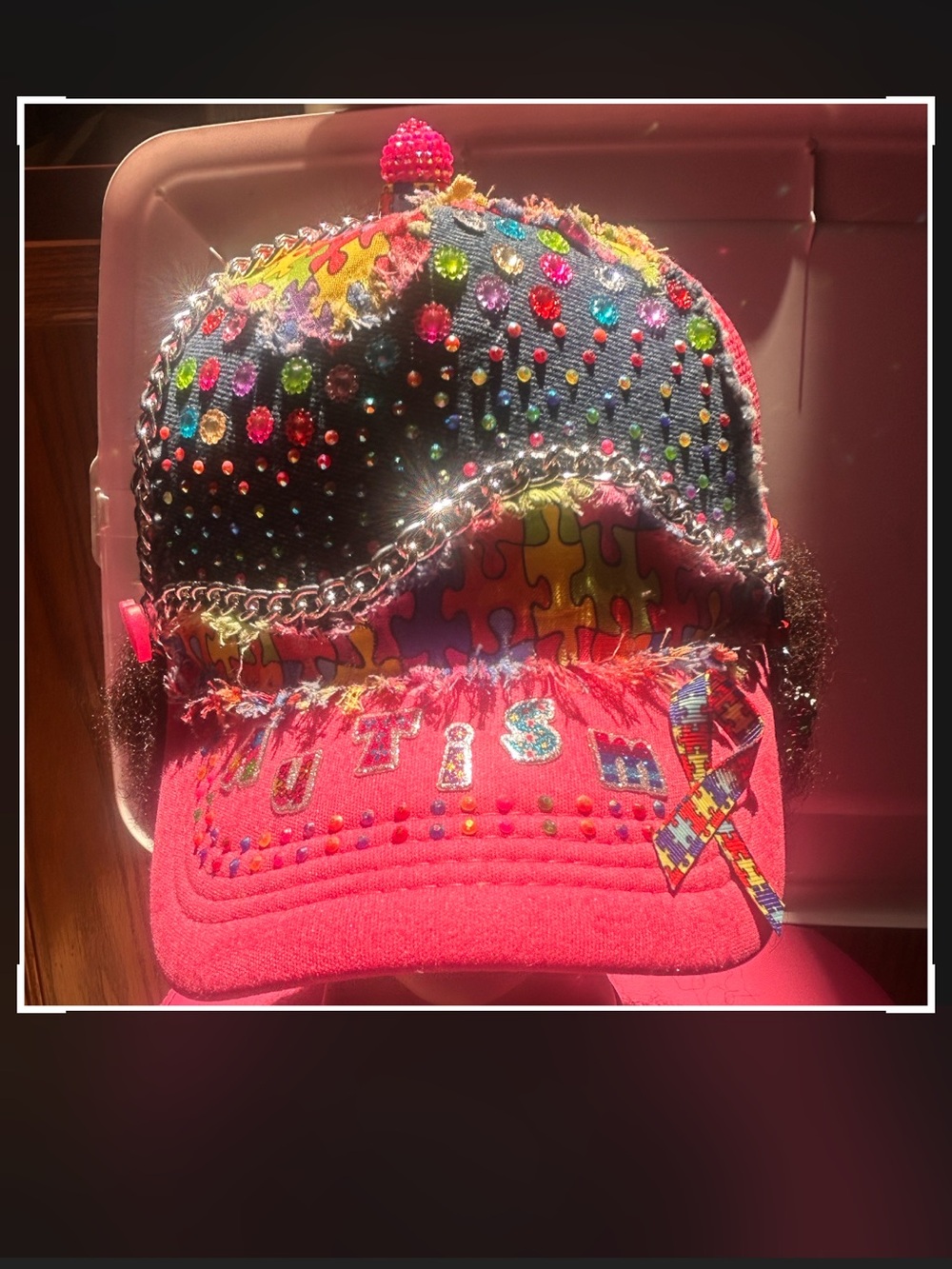Kids Pink Puzzle-Print Embellished Cap with Autism Ribbon